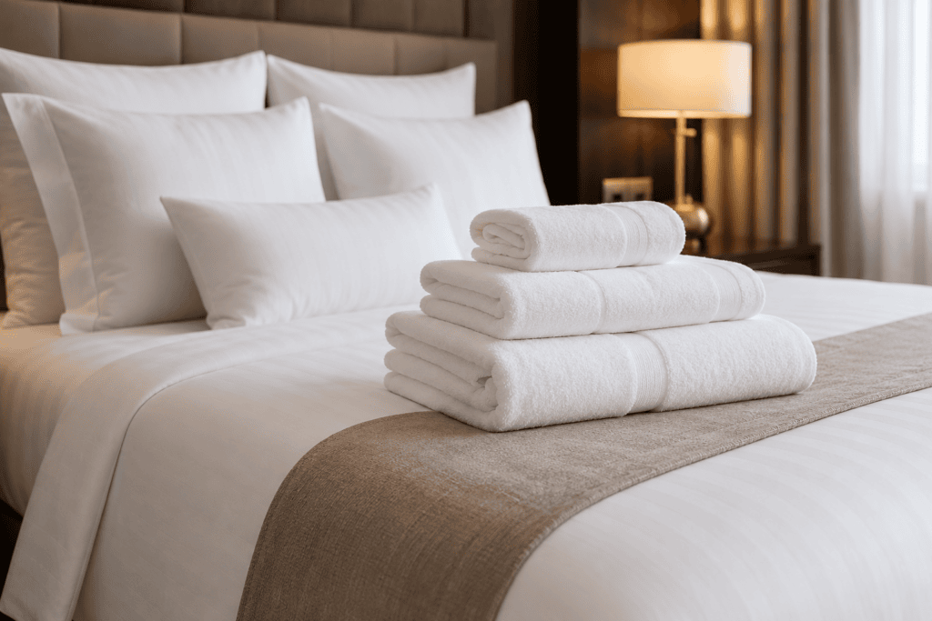 Close-up view of a neatly made hotel bed with white sheets and pillows in a modern, well-lit hotel room, highlighting the comfort and quality of the bedding
